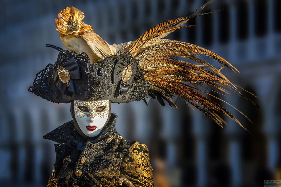 Schöne Frau im schwarzen Kleid und luxuriöser Maske - Karneval in Venedig