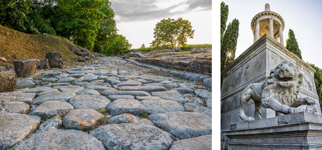 Links der Decumanus – die von Aratria Galla erbaute Ost-West-orientierte Straße, rechts das Mausoleum von Candia in Aquileia