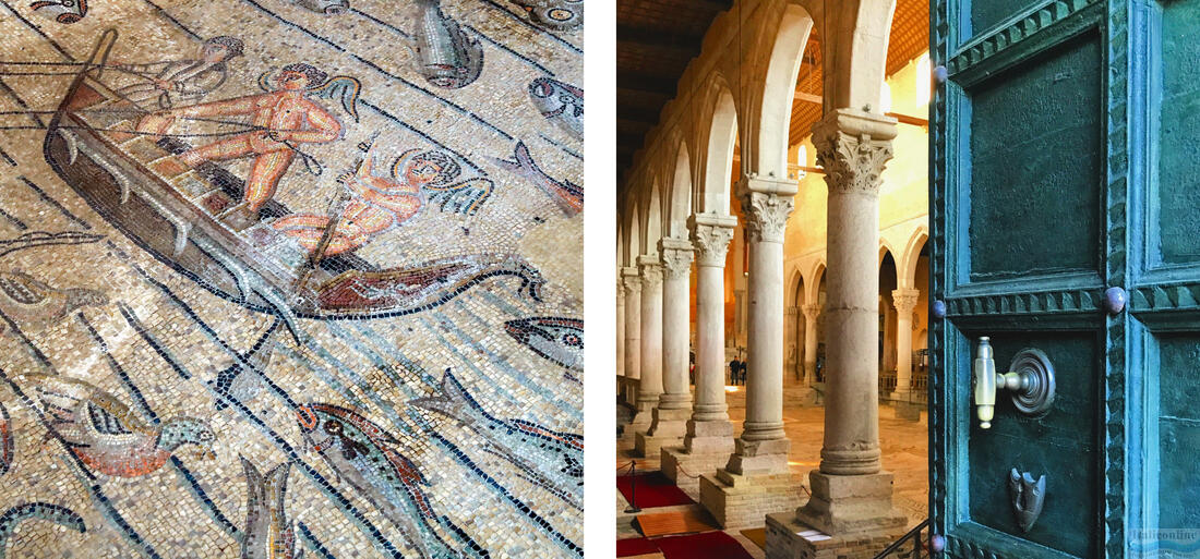 A sinistra, un mosaico raffigurante la vicenda biblica di Giona, a destra, il portone dingresso e una veduta dellinterno della Basilica Aquileiese