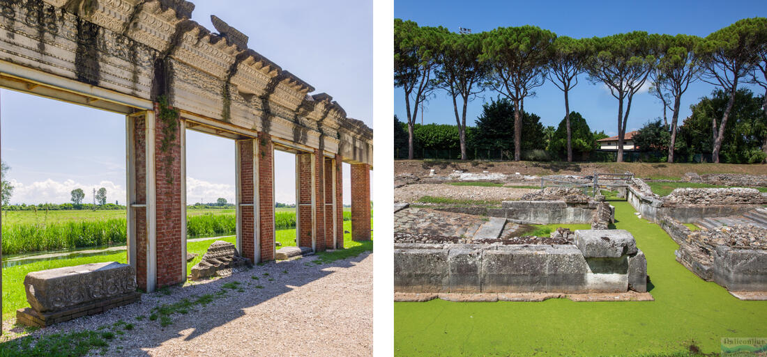 Til venstre, facaden af ​​havnen i Aquileia, til højre, resterne af flodhavnens pakhuse