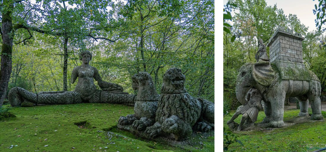 Echidna sellő két oroszlánnal, Hannibál elefántja, aki szétzúz egy római légióst, Bomarzo Park
