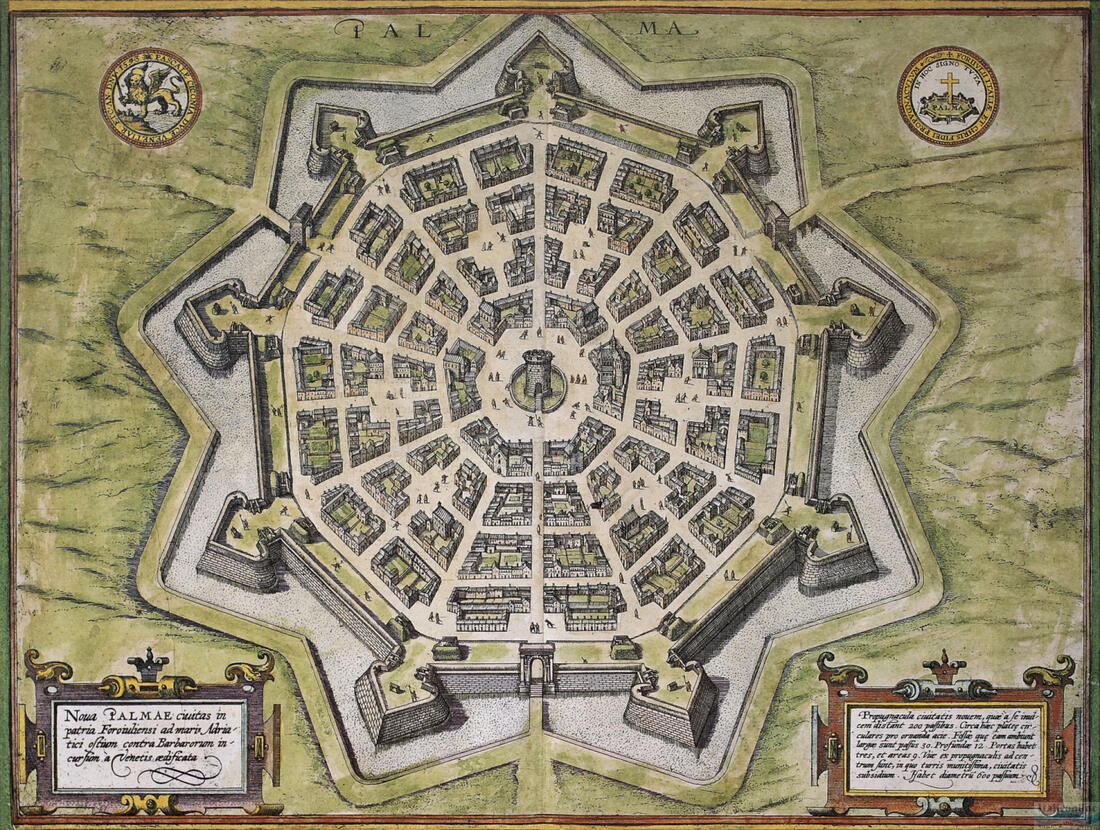 Palmanova - městský plán, Frans Hogenberg, 1578, součást atlasu měst Civitates Orbis Terrarum