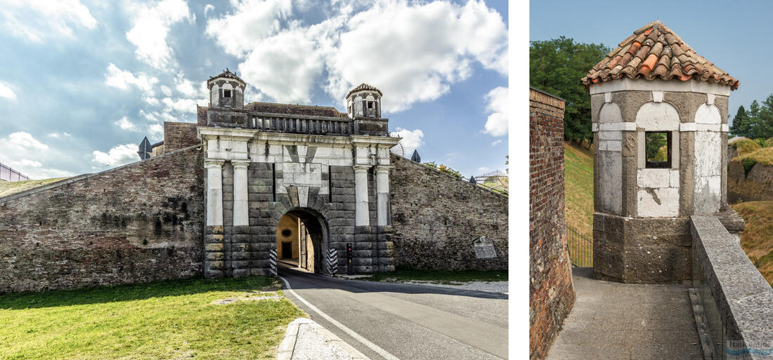 Porta Cividale - jedna ze tří bran opevněného města Palmanova, napravo detail strážní věže Porty Cividale