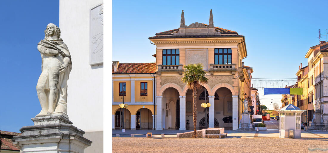 Links eine Statue eines der elf Generalsuperintendenten der Stadt Palmanova, rechts die Loggia della Gran Guardia degli Alabardieri – die Loge der großen Hellebardenwache